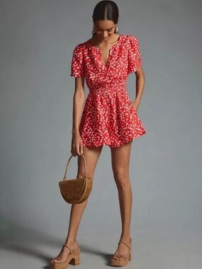 Anthropologie Linen Blend Somerset V-Neck Romper Red Tulip XS
